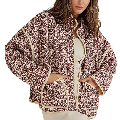Omoone Women's Cropped Quilted Jacket Floral Printed LightWeight Padded Puffer Cardigan Coat Outwear