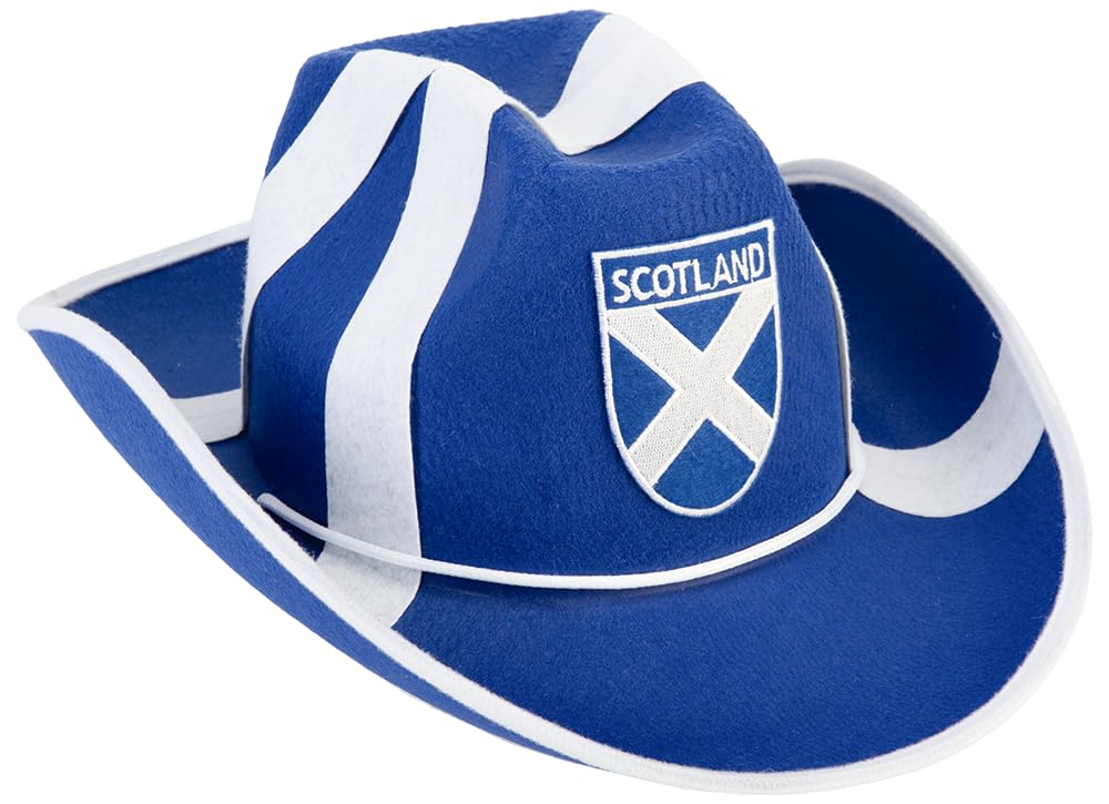 PMS Scotland Felt Stetson Cowboy Hat with Embroidery Badge, Blue and White Cross Design Polyester Hat for World Cup and St Andrews Day Fancy Dress