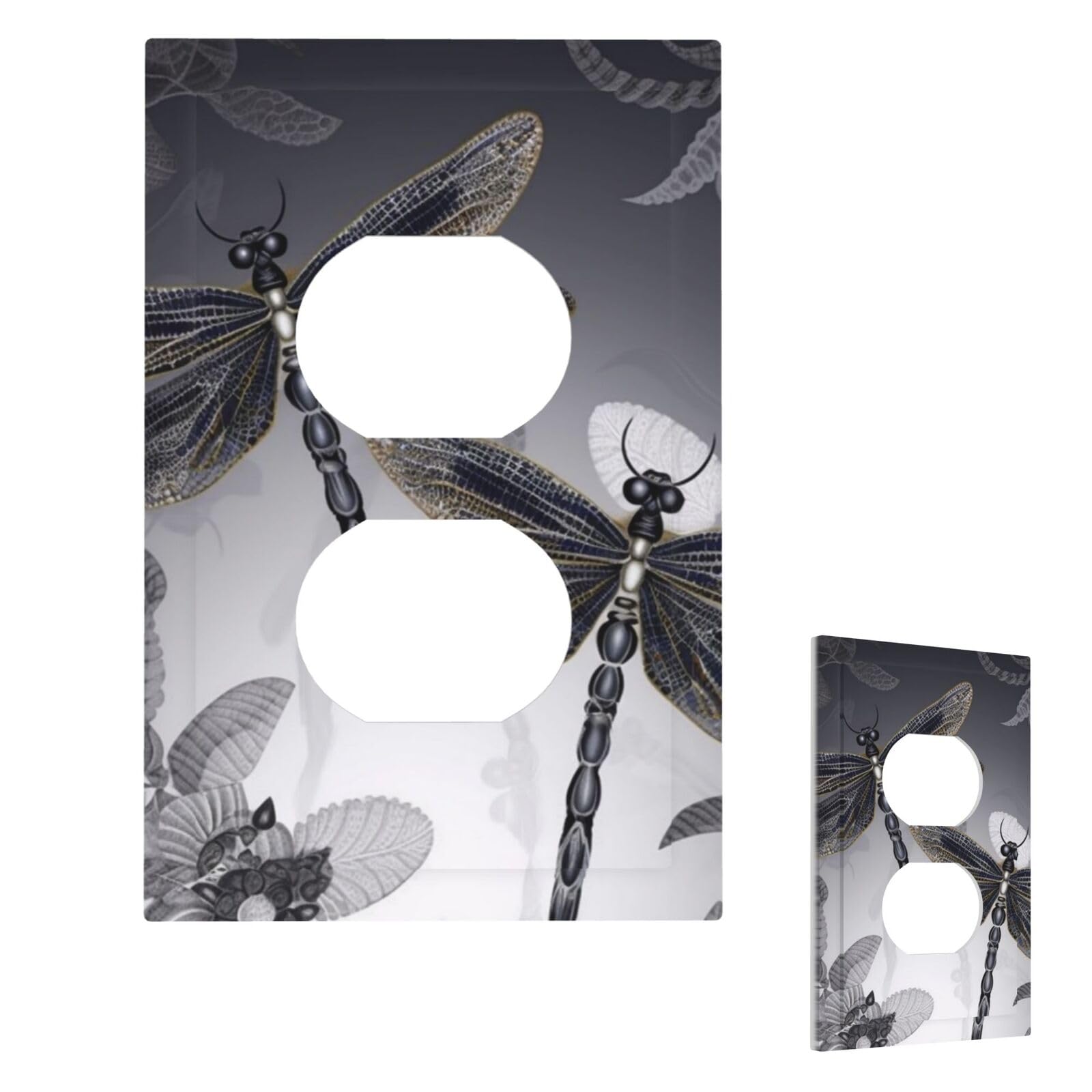 Fekiloot Duplex Dragonflies Grey Wall Plate Cover Modern Decorative 1 Gang Light Switch Cover Unbreakable Receptacle Outlet Covers For Living Room Bedroom Home Decor