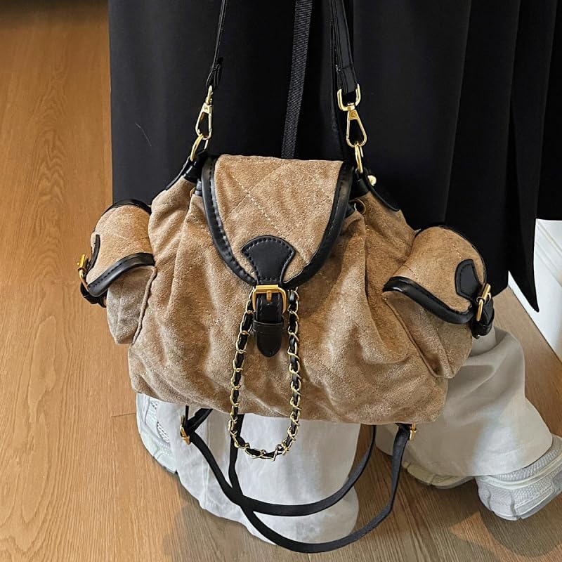 Women's Suede Backpack,Stylish Casual Soft Shoulder Bag,Quilted Design Retro Large Capacity Satchels with Gold Chain - Image 4