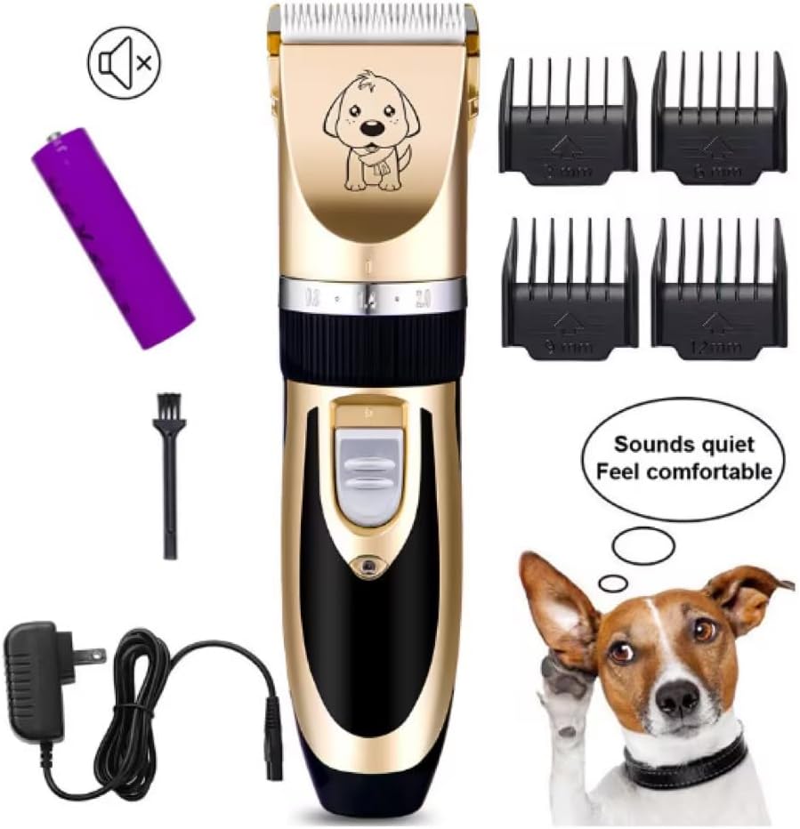 Rechargeable Pet Hair Clipper Set, Electric Grooming Kit with Comb, Scissors, Nail Clipper, and 4 Guide Combs