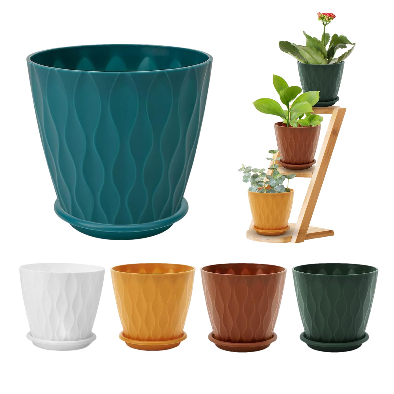Lot de 5 pots de fleurs avec drainage et soucoupe pour jardin et balcon