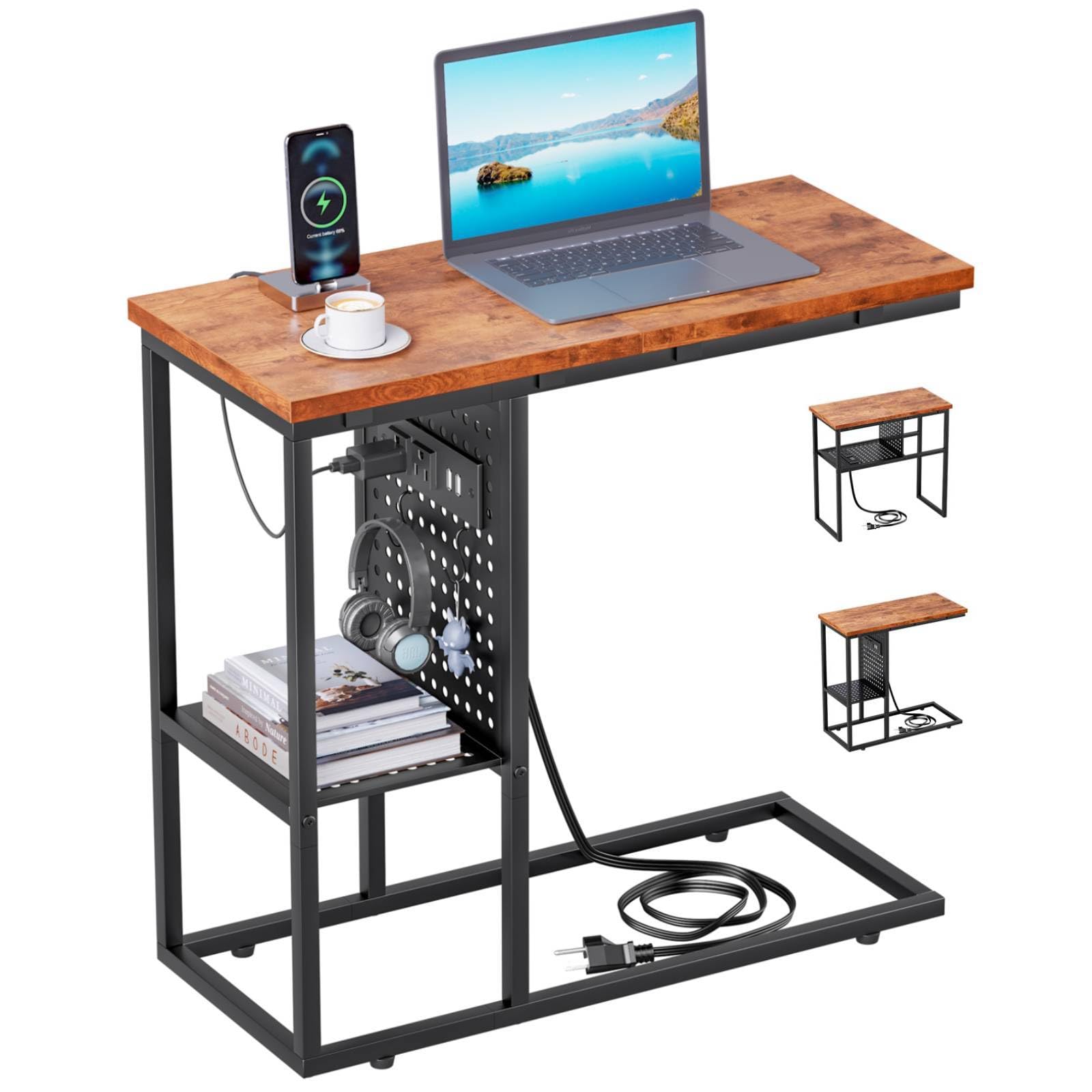 Furologee C Shaped Side Table with Power Outlet, End Table for Sofa Couch with Storage Shelf, Reversible Couch Desk with USB Port Metal Nightstand for Living Room Bedroom, Rustic Brown
