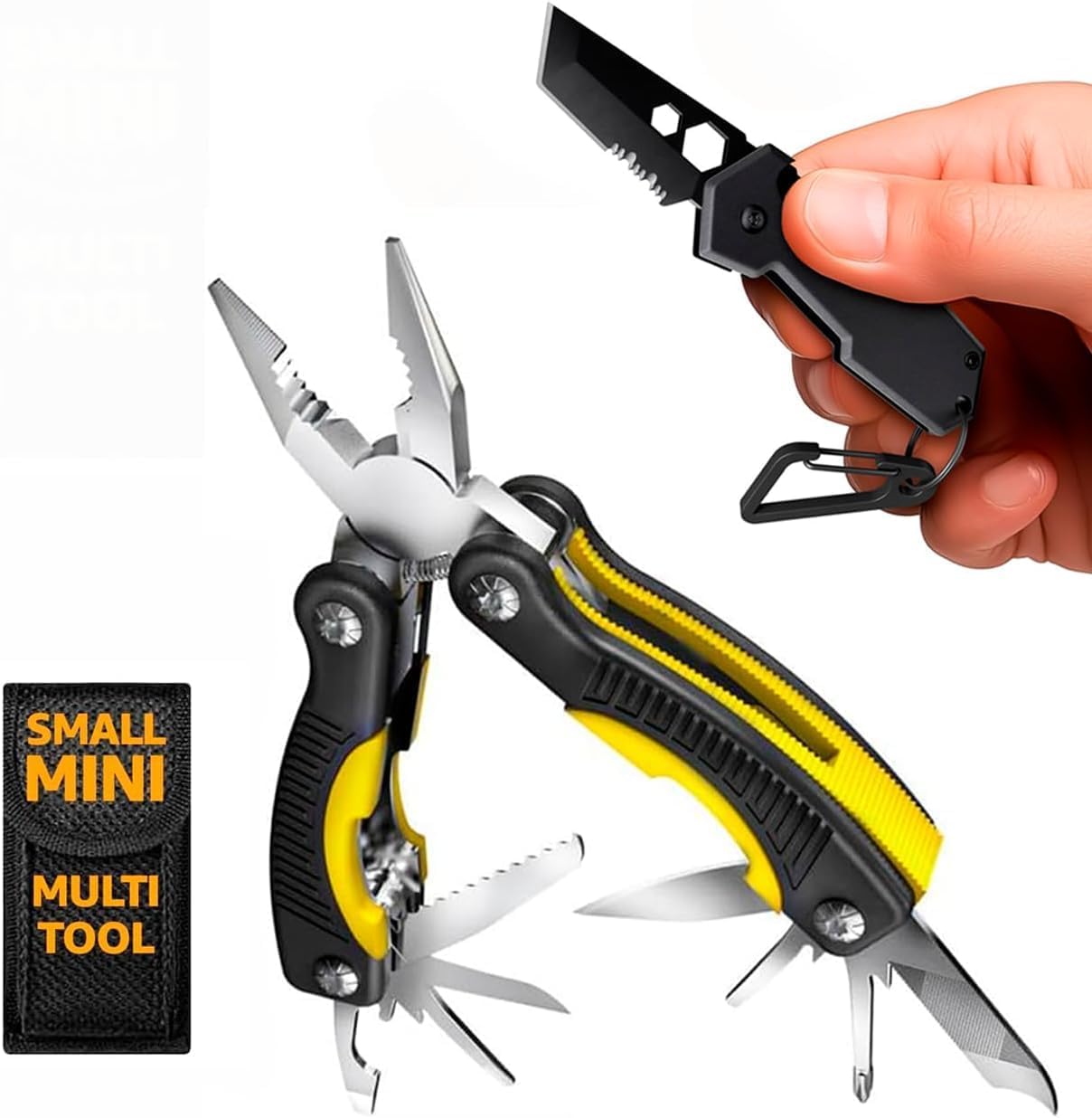 Mini Keychain Knife with Carabiner - 2" Tanto Serrated Blade - Black Multitool with Bottle Opener - Box Cutter - Liner Lock - Legal Small Pocket Knife for Men