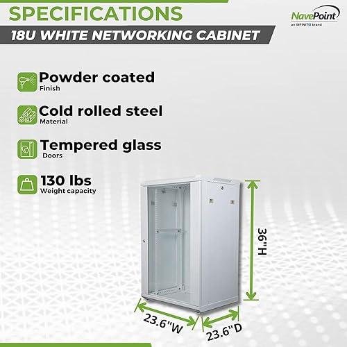 Miniatura 4 de NavePoint Gabinete de red de 18U con puerta de vidrio – Gabinete de servidor de montaje en pared de 18U, rack blanco de 19 pulgadas para equipos de