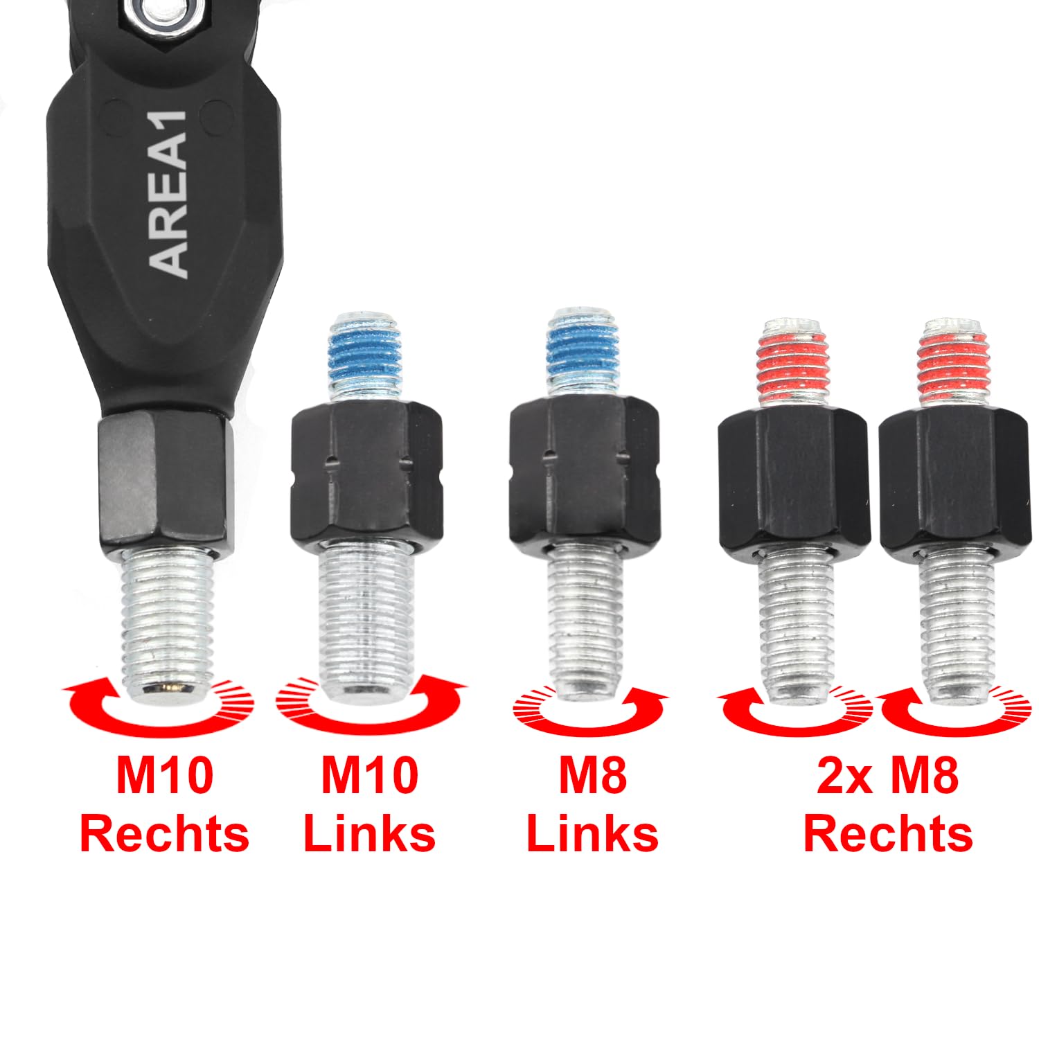 Area1 Coppia di specchietti retrovisori universali per moto, omologati e-geprüft 2x M10 filettatura destra + adattatore filettatura sinistra, compatibile con, ad esempio, Duke, SMC/R Z900 Z750 Z650