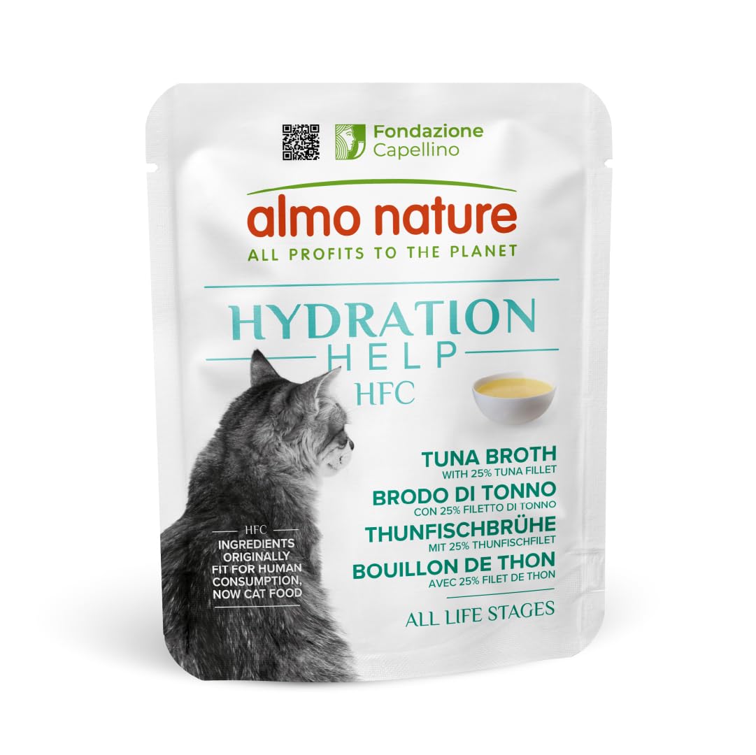 Almo Nature HFC Hydration Help, Aliment Humide pour Chats - Bouillon de Thon et Filet de Thon - Qualité Humaine, sans Gluten, Monoprotéique, 50g, Pack de 24, 1,2 kg