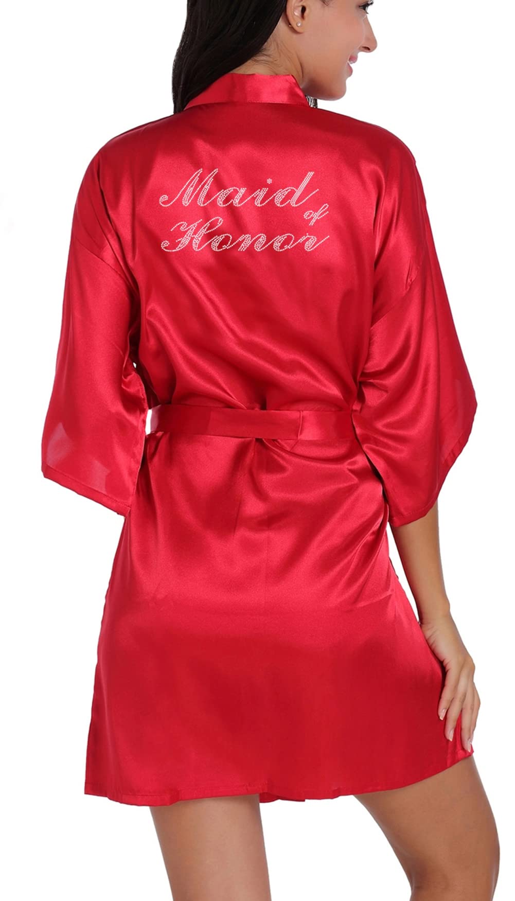 QXQTER Womens Bridesmaid Bride Bridal Robe Satin Robes for Wedding Bridal Party Getting Ready with Silver Rhinestones