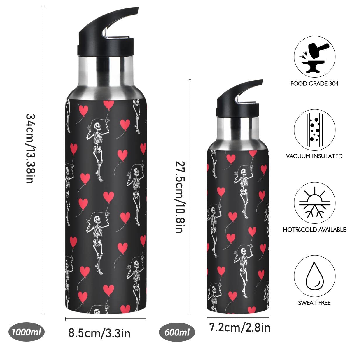 Edelstahl Wasserflasche mit Strohhalm, romantischer Totenkopf Gothic Isolierte Trinkflasche Sport Wasserflasche für Kinder Erwachsene, auslaufsicher, 1L