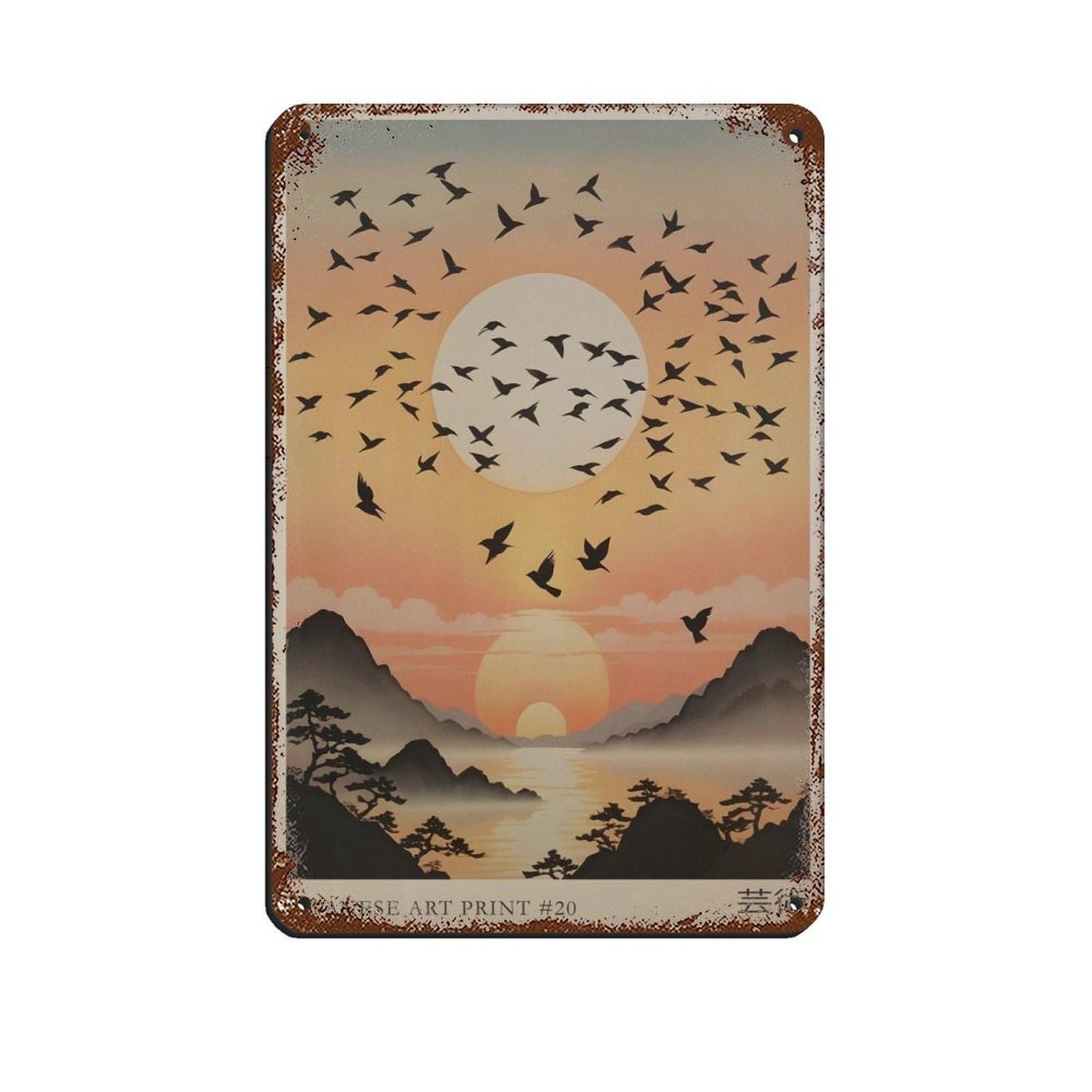 Japanese Bird, Japanese Sunset Landscape Poster Tin Sign Vintage Metal Pub Club Cafe Bar Home Wall Art Decoration Poster Retro 8x12inch(20x30cm)