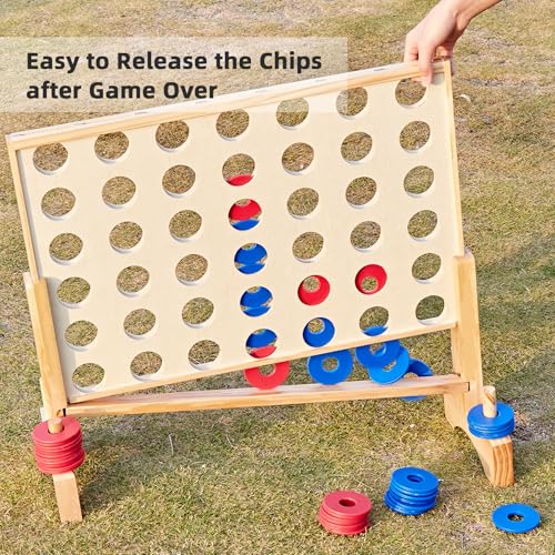 Image of Giant 4 in a Row Game, Wooden 2.8Ft Outdoor Yard Game for Family | New Zealand pine wood made, Non-toxic, 42 PE chips, Sturdy canvas bag. Backyard lawn game for family BBQ, tailgating, party