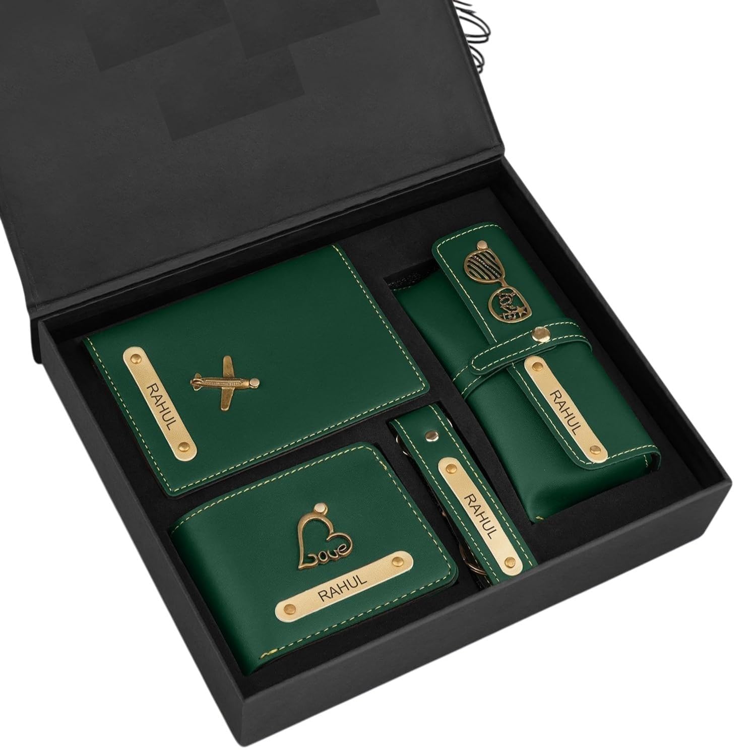 personalised complete combo for men | wallet, passport cover, eyewear case & keychain set with name & charm | premium gift box for birthday, anniversary & special occasions (green)
