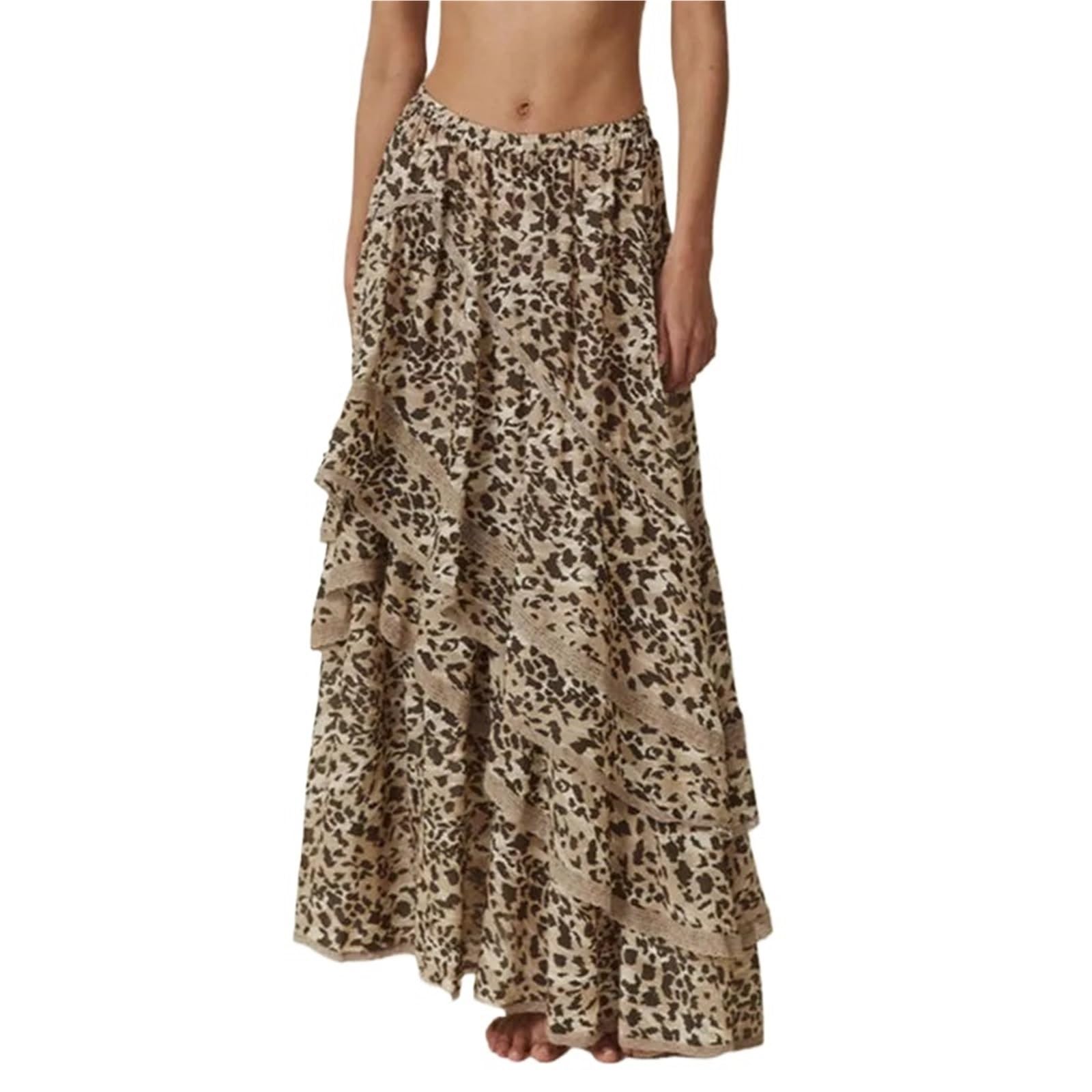 Falda de Leopardo Falda Larga de Fiesta Verano for Mujer, Falda Ajustada Cintura Alta con Volantes para Rave