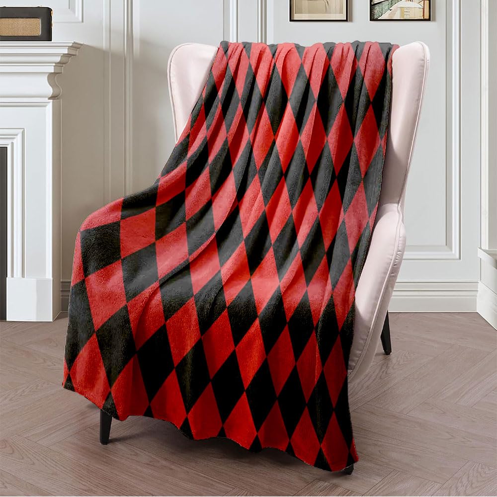 Flannel Fleece Throw Blanket 60" x 80" Harlequin Rhombus Suit Red Decor Black for Festive Diamonds Texture Decoration Abstract Textures Blanket Winter