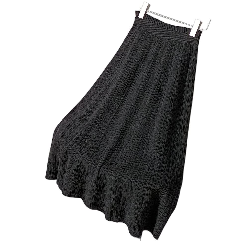 Röcke Damen,Damen-Midirock, Schwarz, Elastisch, Hohe Taille, Gestrickte Textur, Rüschen, Plissee-Rock, Mode, A-Linie, Swing, Gerüscht, Herbst-Winter, Lange Röcke Für Mädchen, Damen