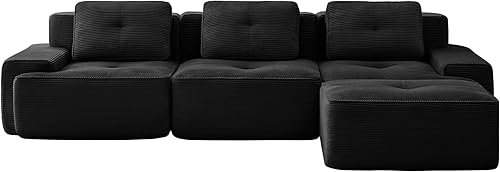 Modern L-Shaped Modular Sectional Sofa for Living Room, 3-Seater Couch with Deep Seat and Movable Ottoman, Corduroy Fabric, Tufted Design, No