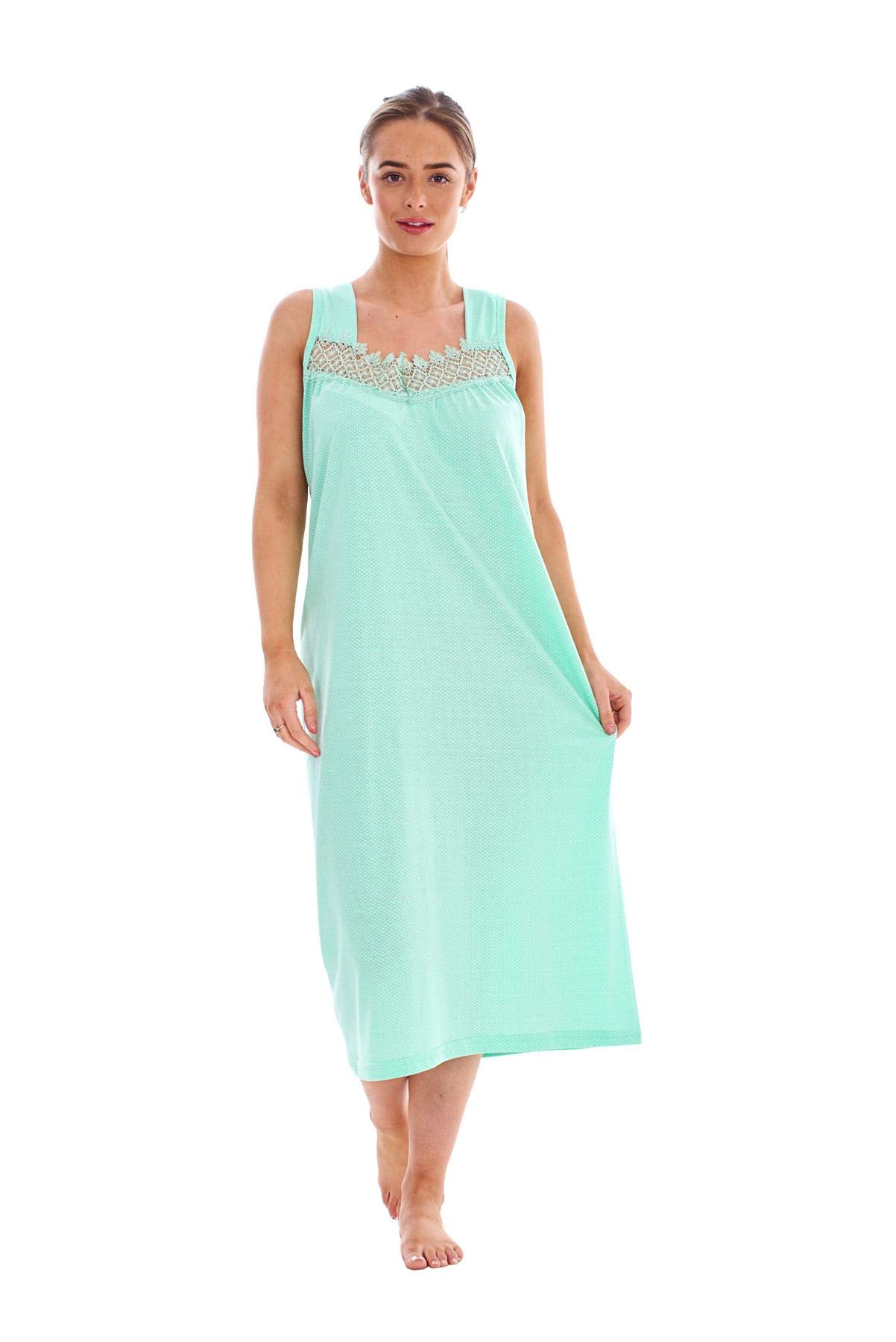 Malay Women's Green Polka Dot Nightdress Wide Strap 100% Cotton V-Neck Lace Long Nightshirts