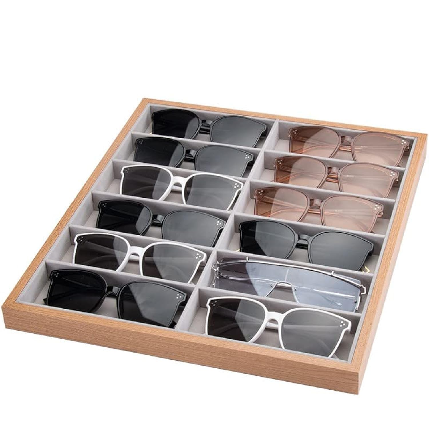 12-Grids Eyeglass Display Tray, Wood Sunglass Organizer Storage with Velvet, Eyeglasses Display Case Women Men, Drawer Jewelry Organizer for Display Glasses, Earrings, Necklaces, Bracelets