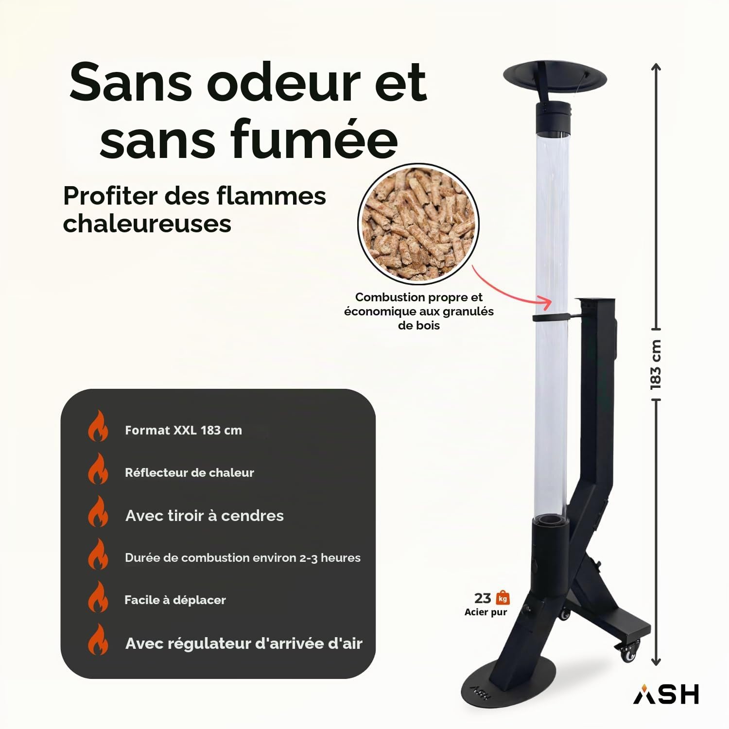 Poêle à pellets colonne de feu chauffage terrasse extérieur 174 cm noir