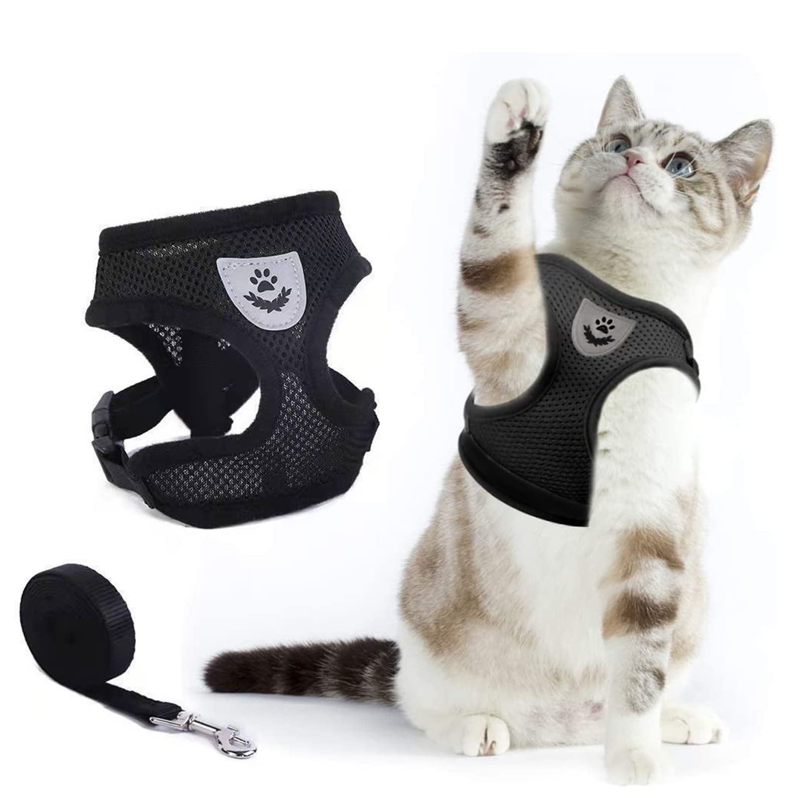 Arnés Antitirones Gatos, Arnes para Gatos con Correa 150 Cm Chaleco Gatito Reflectante Ajustable de Tela de Malla Suave Transpirable para Gato Pequeño y Mediano Perro(M,Negro)