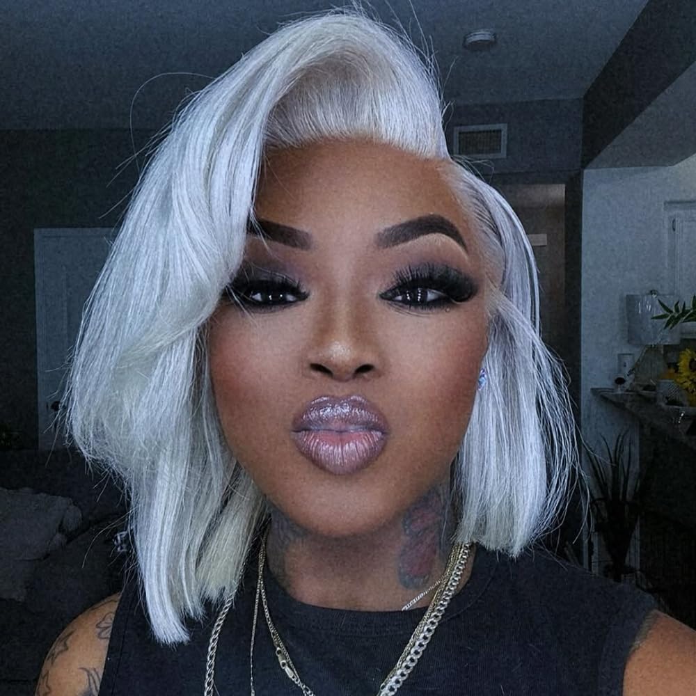 #60 Grey White Platinum Blonde Human Hair Glueless Wigs HD Transparent Lace Frontal Short Bob with Baby Hair Pre plucked Frontal 10'' Straight Ash Blonde Wigs for Women Free Parting