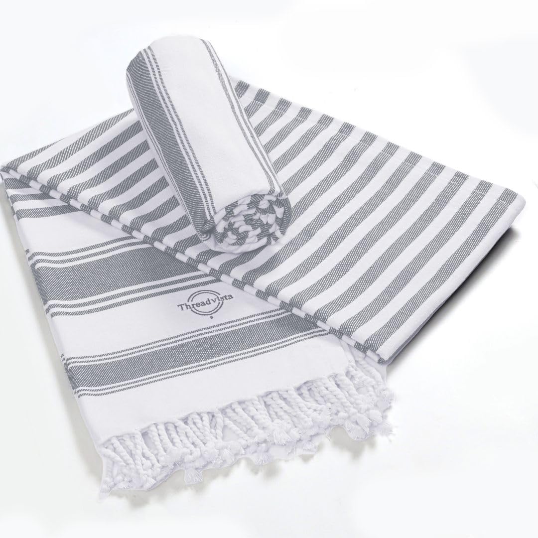 Threadvista Turkish Peshtemal Beach Towels Cotton Set of 2 Large 40x70 Inch - Soft Lightweight Quick-Drying Absorbent - Versatile for Beach Pool Spa