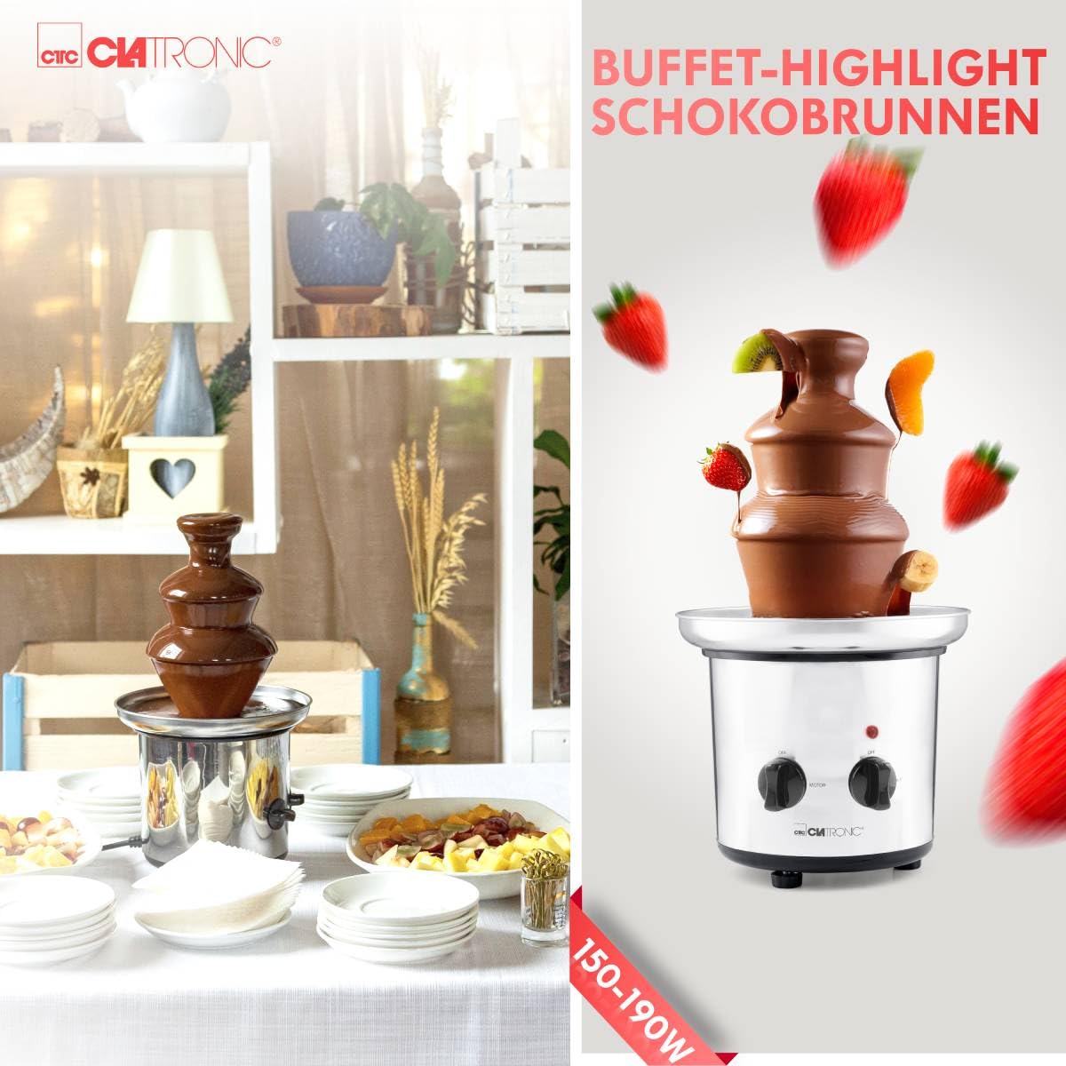 Clatronic® Fontaine à chocolat | pour fruits et pâtisseries | chocolat chaud et liquide pour brunch, fête, Noël, Nouvel An | bol de récupération profond + fontaine en acier inoxydable | SKB 3248