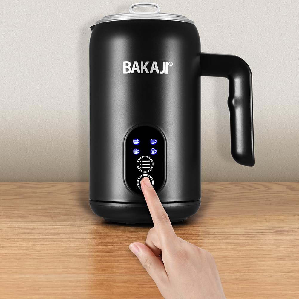 BAKAJI Espumador de leche eléctrico 4 en 1, Cappuccinatore automático, 350 ml, espumador para espuma de leche, funcionamiento silencioso, ideal capuchino caliente o frío, café manchado, acero