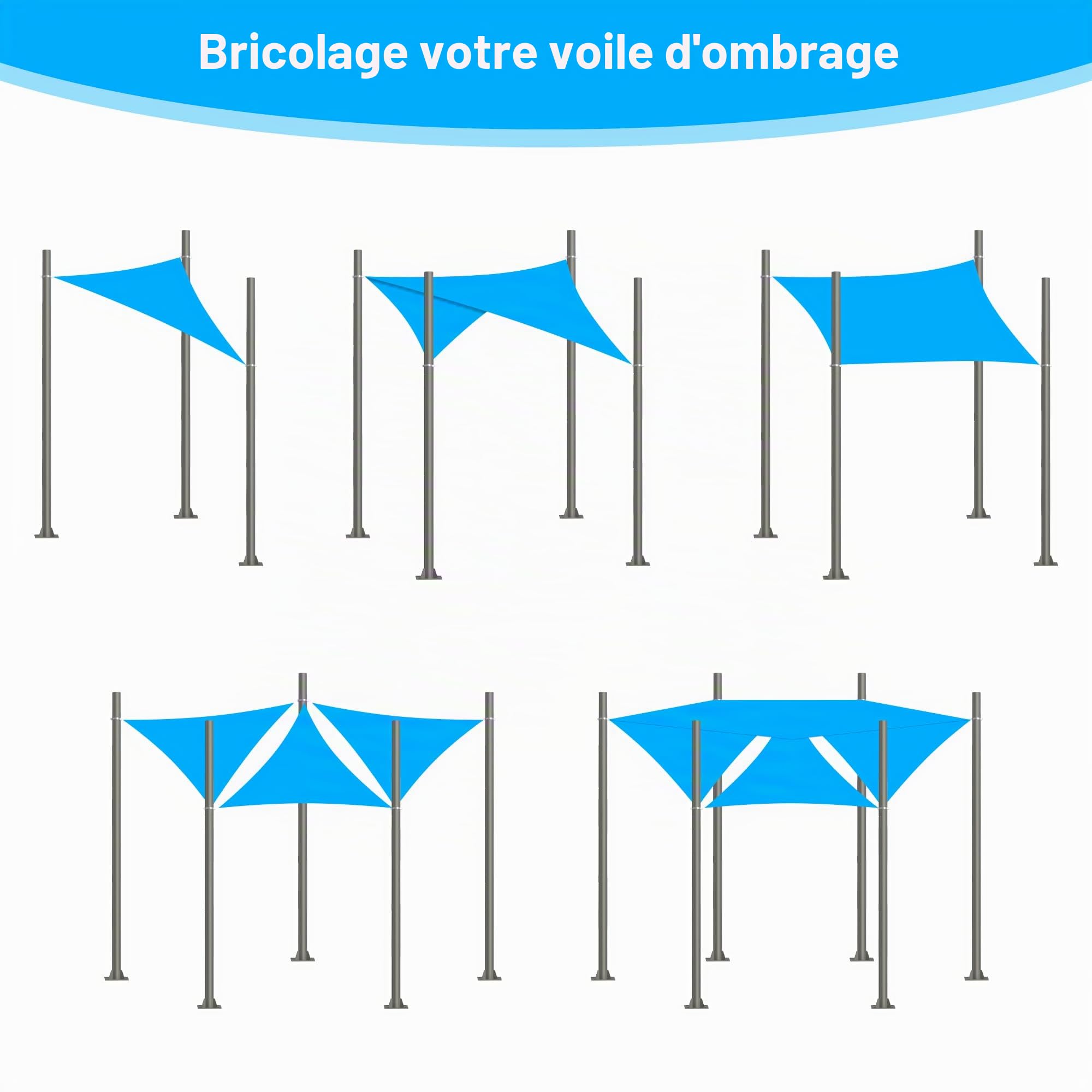 Mât de voile parasol réglable en hauteur 3m en acier - Poteau robuste (épaisseur de paroi de 2,5 mm) avec kit complet de fixation pour jardin, terrasse et balcon