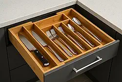 Porta Talheres Gaveta Bambu 7 Divisórias Extensível Ajustável Organizador Talheres Madeira
