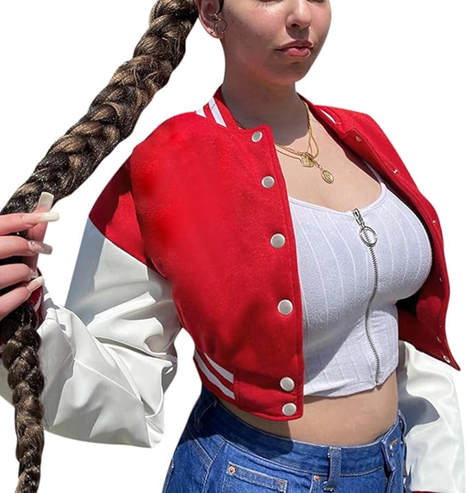 Qfmqkpi Women Color Block Crop Fleece Baseball Jacket Button Down Bomber Coats Sweatshirt