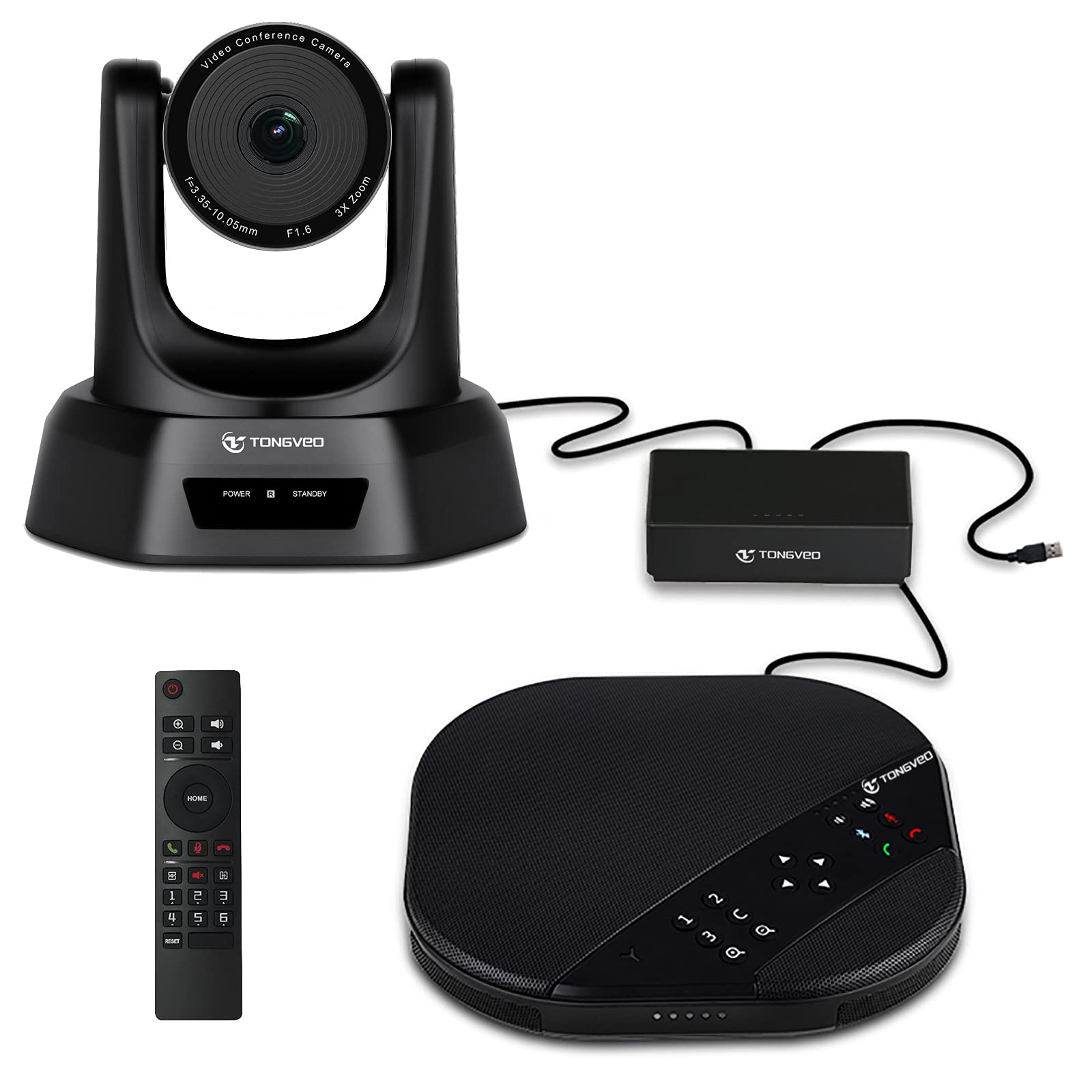 TONGVEO 3X Optical Zoom PTZ Camera Video Conference USB 1080P 128-Degree Wide-Angle for Business Meeting Live Streaming Online Learn, Works with Zoom Skype Teams OBS (3X PTZ + Speakerphone + Hub)