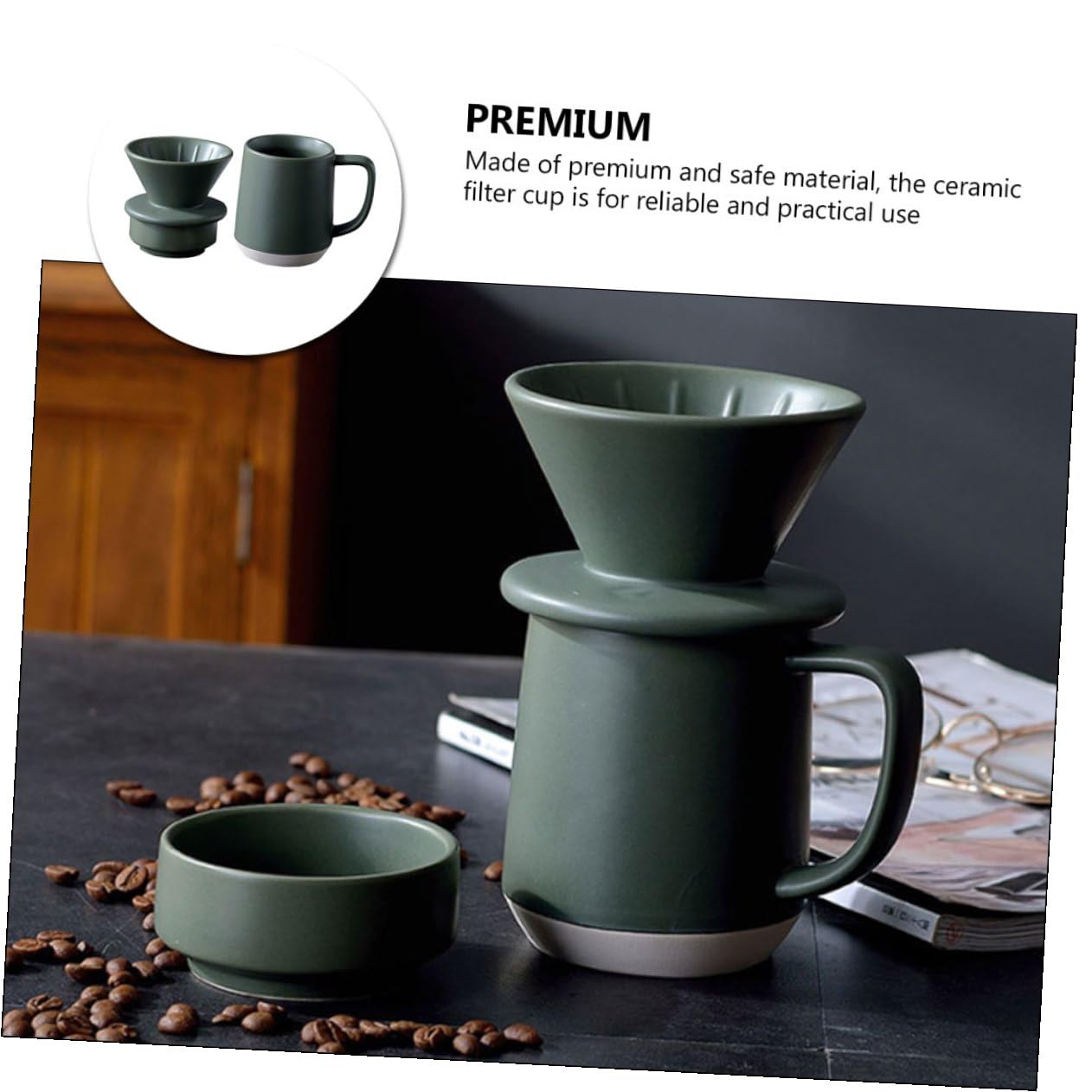 Taza de Filtro de Café de Cerámica Verde, Juego Manual | Hecha a Mano, Uso en Hogar y Oficina, Diseño Simple Detalles Delicados, Formato Portátil y Ligero