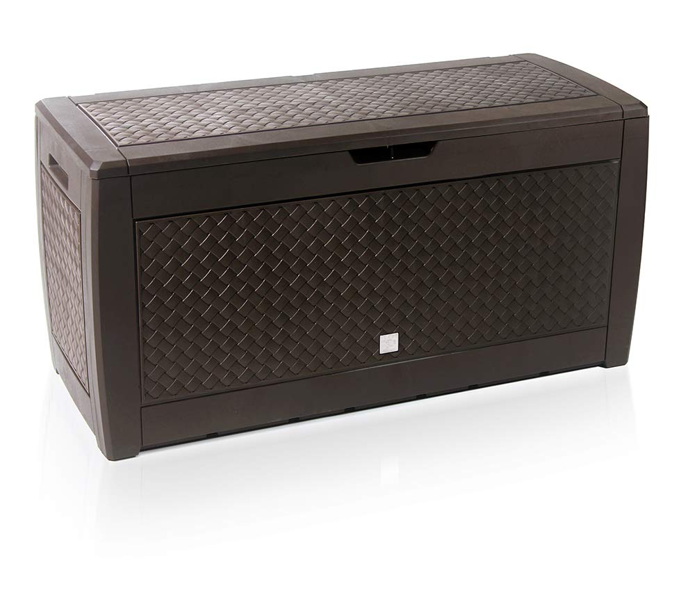 Stolmet Plastic Garden Storage Box with 310L Capacity, Weatherproof and Lockable Outdoor Cushion Chest, Rattan and Woven Styles, Available in Anthracite and Dark Brown (Woven Dark Brown)