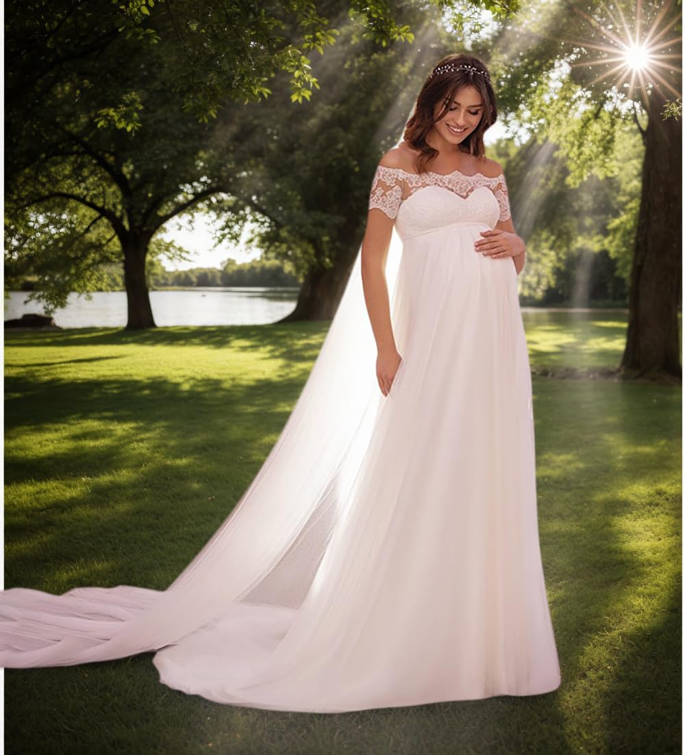 A-Linie Umstandsbrautkleid Chiffon Lang Brautkleider Hochzeitskleider mit Spitze Babyparty Fotoshooting Kleid