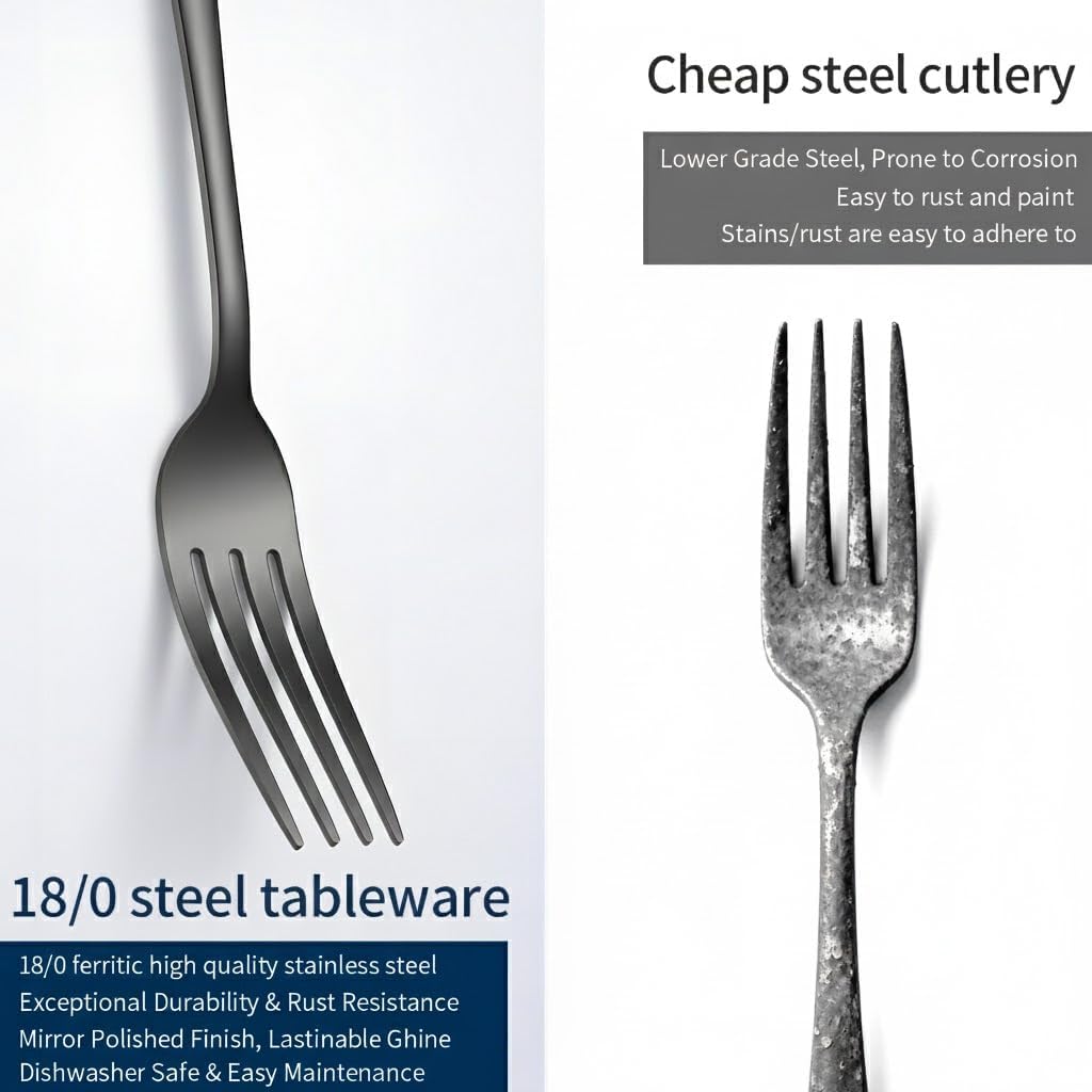 GPY Black Silverware Set, 24-Piece Stainless Steel Flatware Set Service for 4, Titanium Plated Black Eating Utensils, Modern Mirror Finish Cutlery for Kitchen & Home