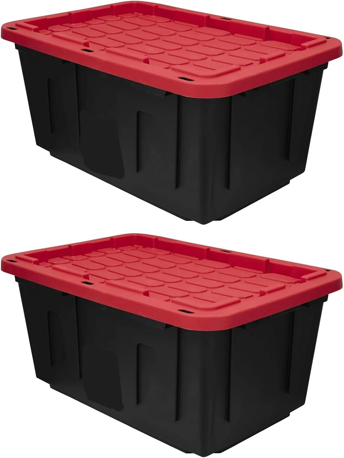 Bolsas grandes de almacenamiento de plástico negras de 27 galones con tapas rojas seguras a presión, paquete de 2, para organización doméstica e industrial