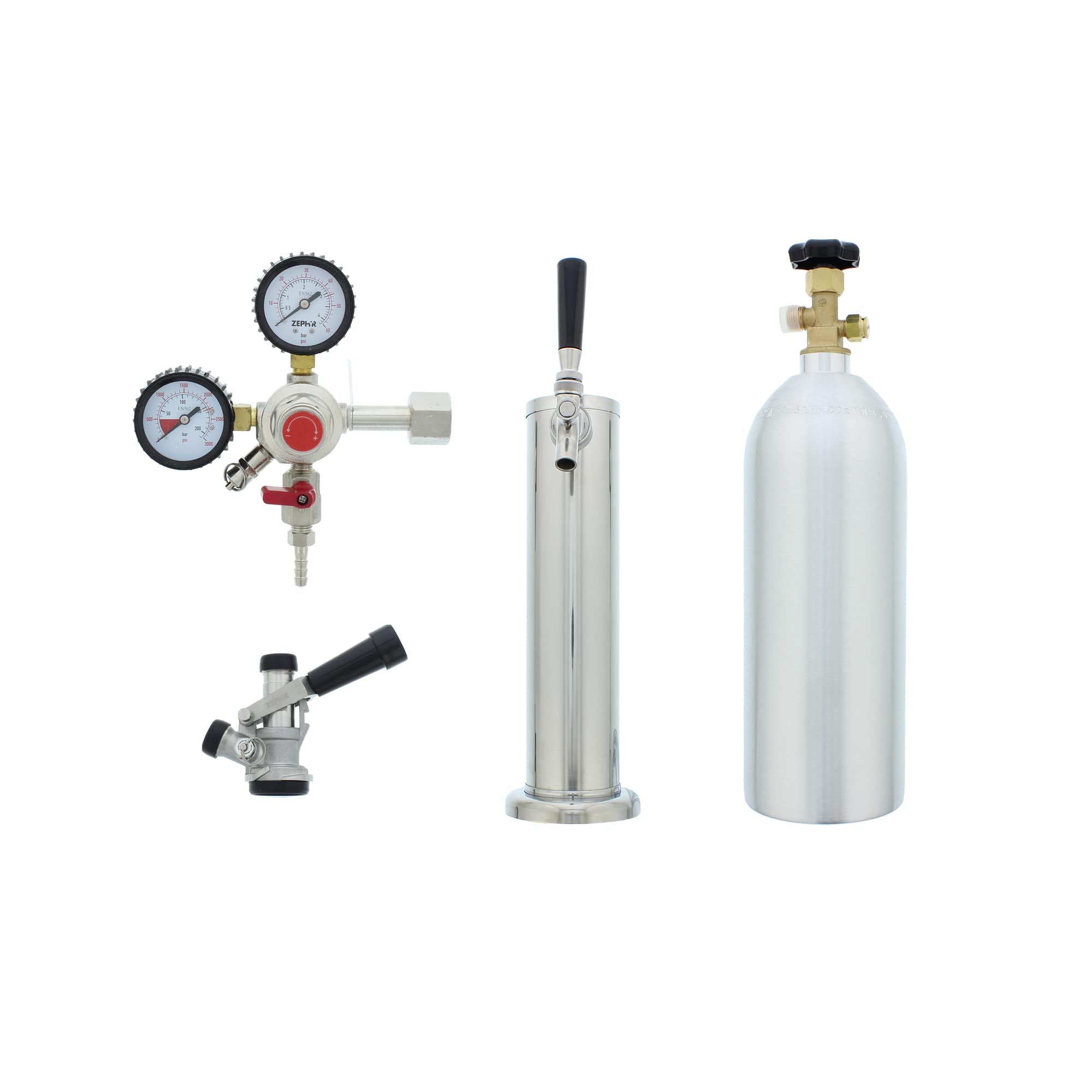 Zephyr Presrv™ Single Tap Kit - Includes One Tap, Stainless Steel Tower, Beer Line, Gas Line, Regulator, CO2 Tank and D-style Keg Coupler - Designed to use with a Presrv™ kegerator