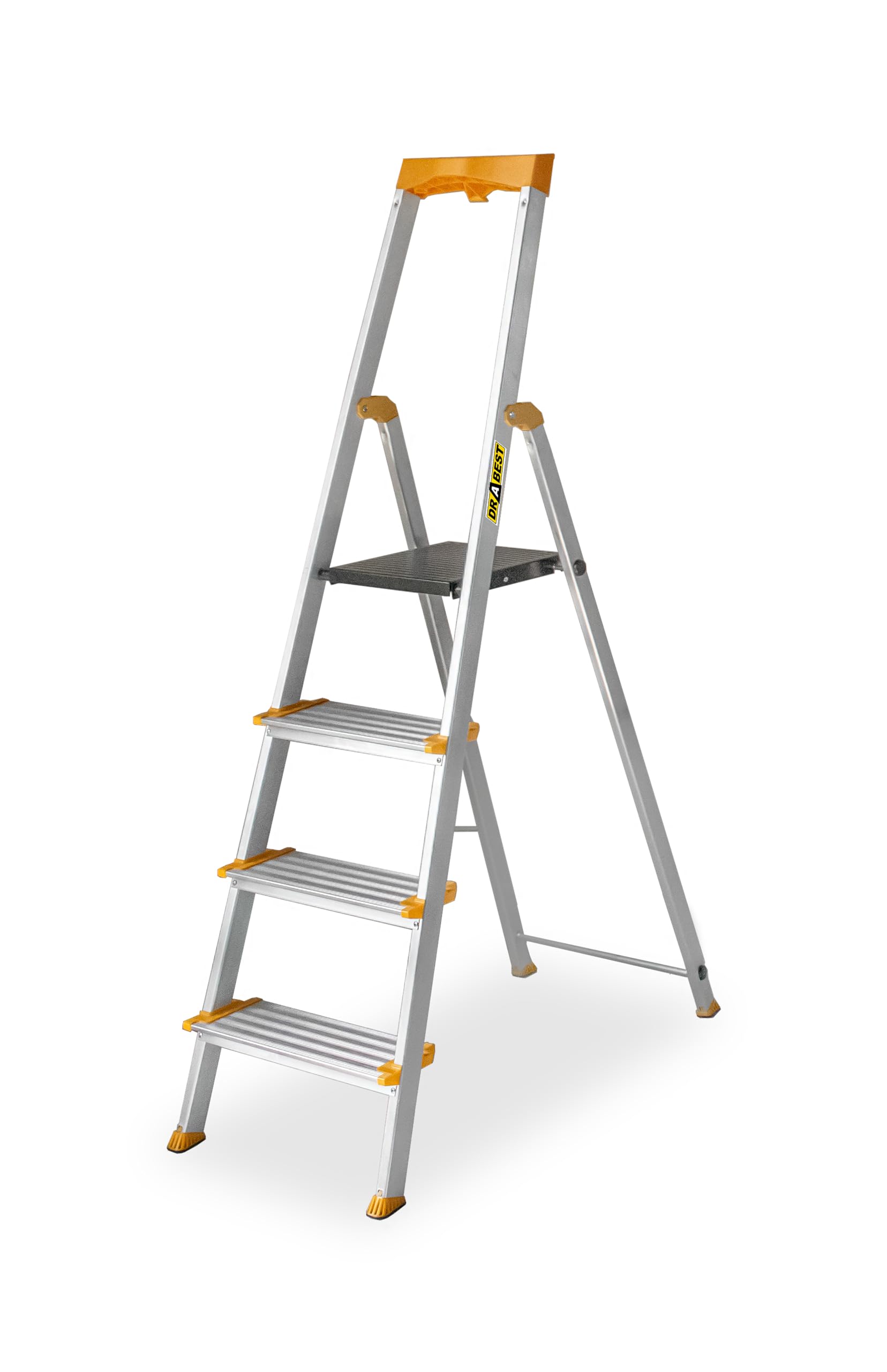 DRABEST Escalera Plegable de 4 peldaños - Escalera de Aluminio - Robusta Escalera Plegable con repisa y peldaños Anchos - 120 mm, Antideslizante - Escalera para Uso doméstico y Laboral - hasta 150 kg