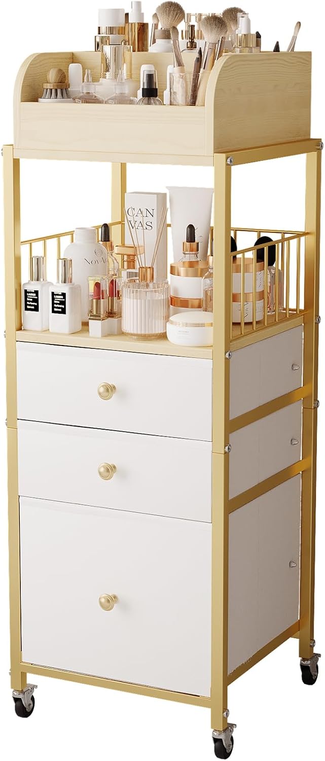 Makeup Organizer Cart with Drawers, Floor Skincare Organizers Make Up Organizers-Vanity Organizer Cosmetic Display Cases Holder for Skin Care Perfume Nail Polish Brush Hair Tool（Gold）