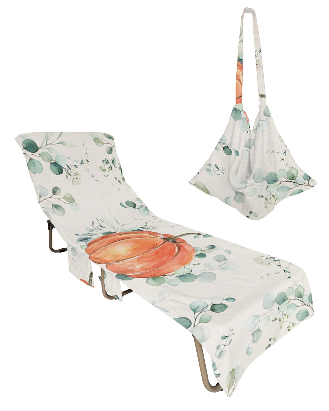 Orange Thanksgiving Pumpkin Beach Chair Towel Covers for Chaise Lounge with Side Pocket, Soft Plush Pool Towels Cover for Patio Sunbathing Outdoor 29''x85'' Autumn Eucalyptus Leaves Beige