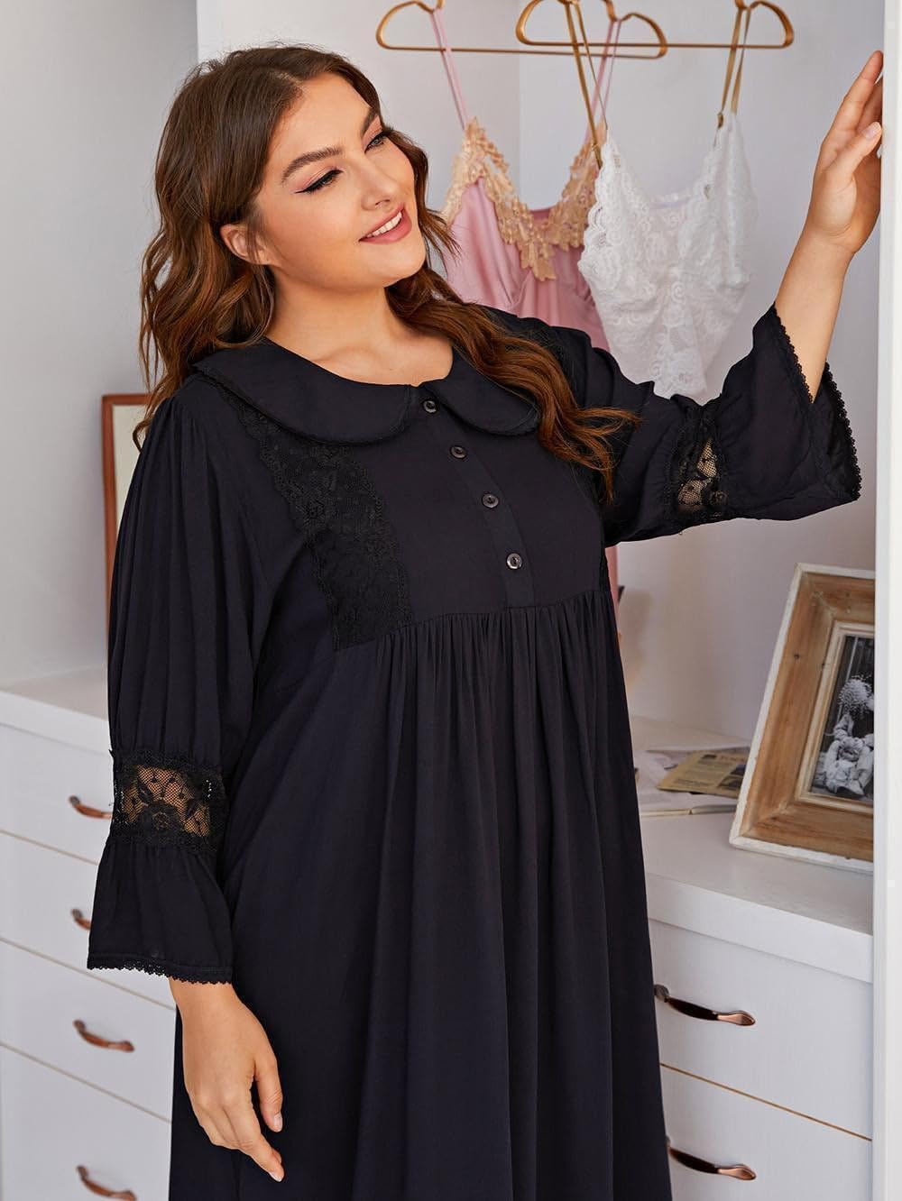 Nightgowns Women's Soft Plus Size Pajama Doll collar Long Sleeved Loose Woven Long Dress Black