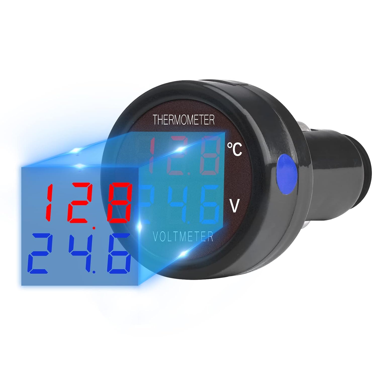 Close-up of Voktta 2-in-1 Digital Voltmeter Thermometer display