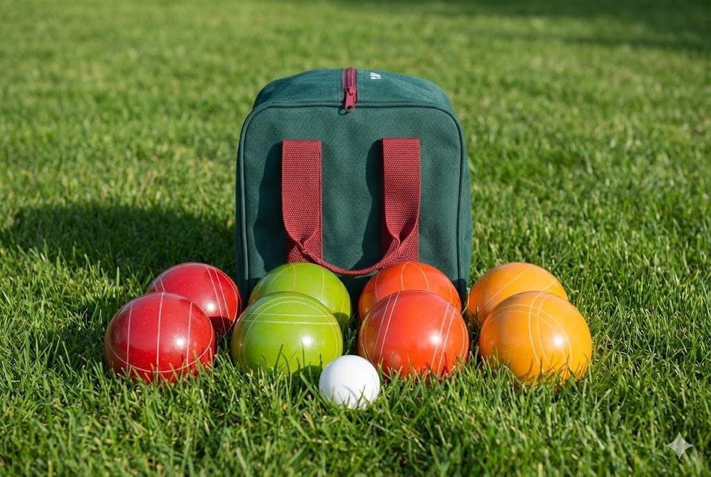BuyBocceBalls Listing - Made in USA, Premium Quality Tournament Bocce Set - 998 Grams, 2lbs 3 oz, 110mm Rustic Yellow/Orange/Red/Green Balls and Green/Maroon Bag