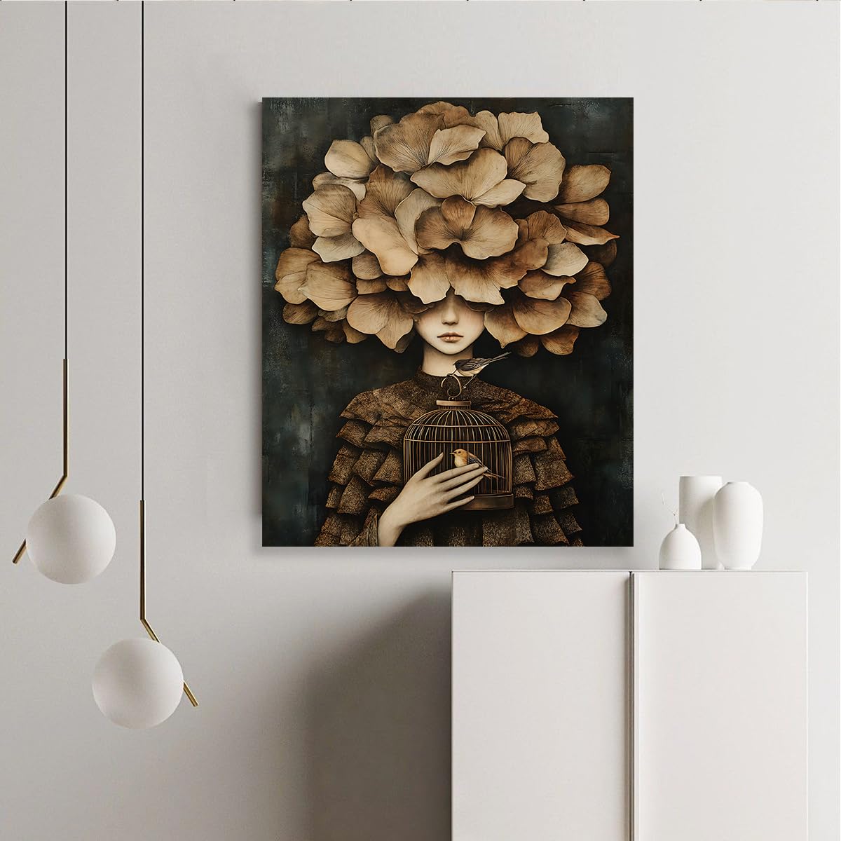 YUNART Vintage Dark Academy Wall Art Surrealismo Donna con foglie ginkgo Stampe di teste su tela Poster di pittura botanica antica Arredamento per la casa 75x95cm Telaio interno