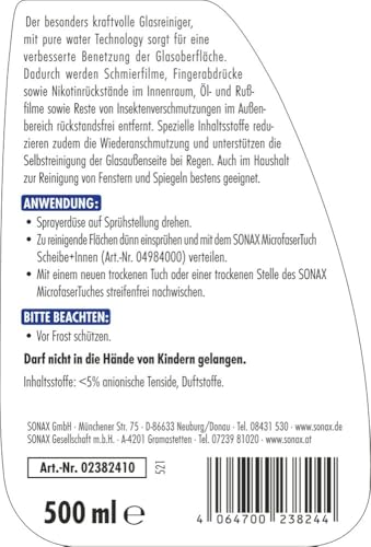 SONAX XTREME ScheibenKlar - Pure Water Technology (500 ml) Glasreiniger zur Entfernung von Verschmutzungen auf Scheiben & für eine besser benetzte Glasoberfläche, Art-Nr. 02382410