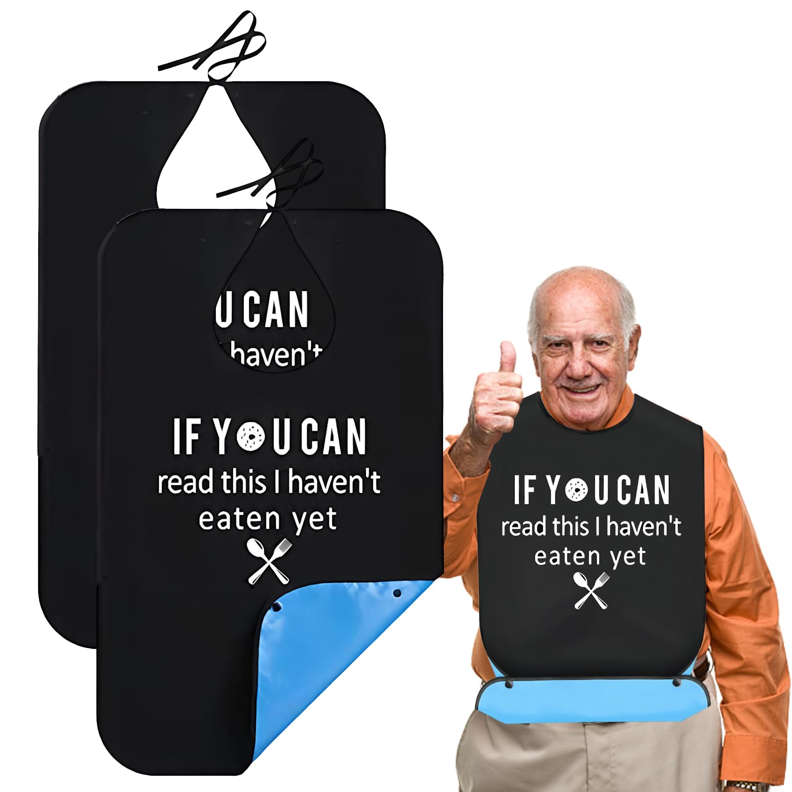 Madginine Men's Black 2 Pcs Adult Bibs, Washable Reusable Adult Bib With Crumb Catcher, Clothing Protector For Wo Elderly Eating Drinking Drooling