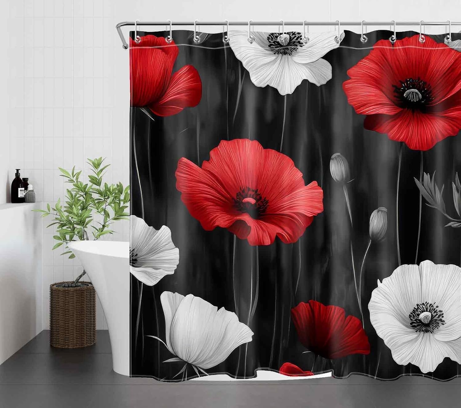 LB Red and White Floral Shower Curtain, Rustic Flower Black and Grey Shower Curtain and Rug Set, Washable Waterproof Fabric Bathroom Curtains with Hooks,72x72 inch