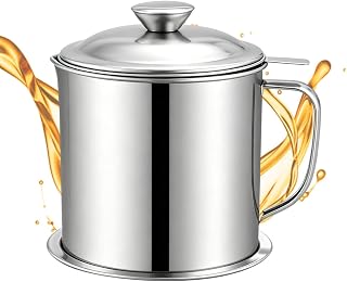 Kitchen Grease Container Easy Grip Handle 304 Stainless - Steel Fine Mesh | Stainless Steel Bacon Grease Container for Frying Oil Juice Soup, Kitchen Restaurant Camping School Canteen