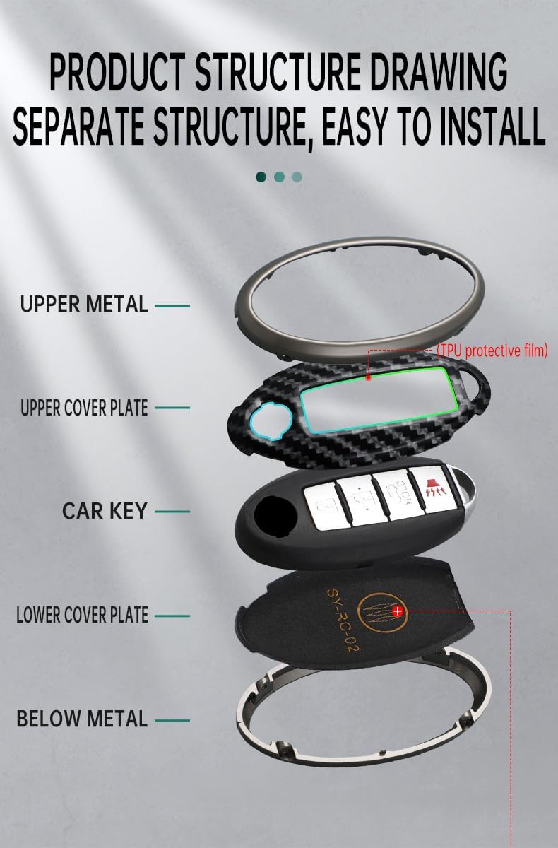 KUNIO Car Key Fob Cover Case Fit for Nissan Altima Pathfinder Juke Sentra Kicks Leaf Rogue Infiniti QX80 Key Protective Cover Keychain Carbon Fibre Metal Key Holder 4 Buttons B Black